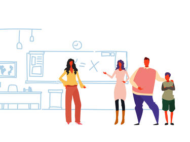 cartoon of parents student speaking to teacher