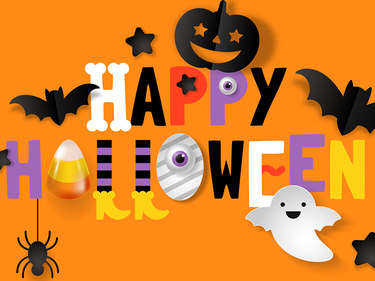 Happy Halloween Banner with cut out pumpkins and ghosts