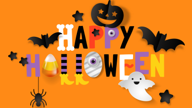 Happy Halloween Banner with cut out pumpkins and ghosts