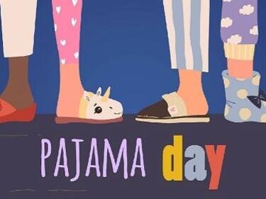 Pajama Day words and cartoon feet with slippers