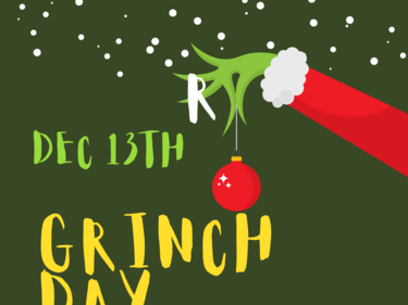 Grinch day cartoon with grinch hand holding an ornament