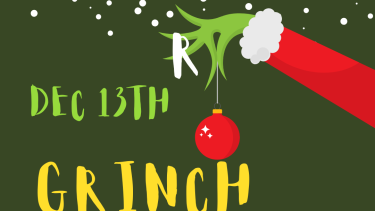 Grinch day cartoon with grinch hand holding an ornament