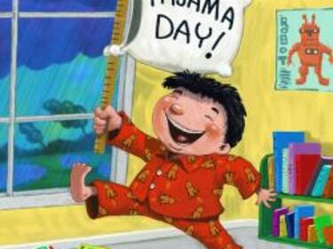 cartoon picture of boy in Pjs holding a pajama day sign